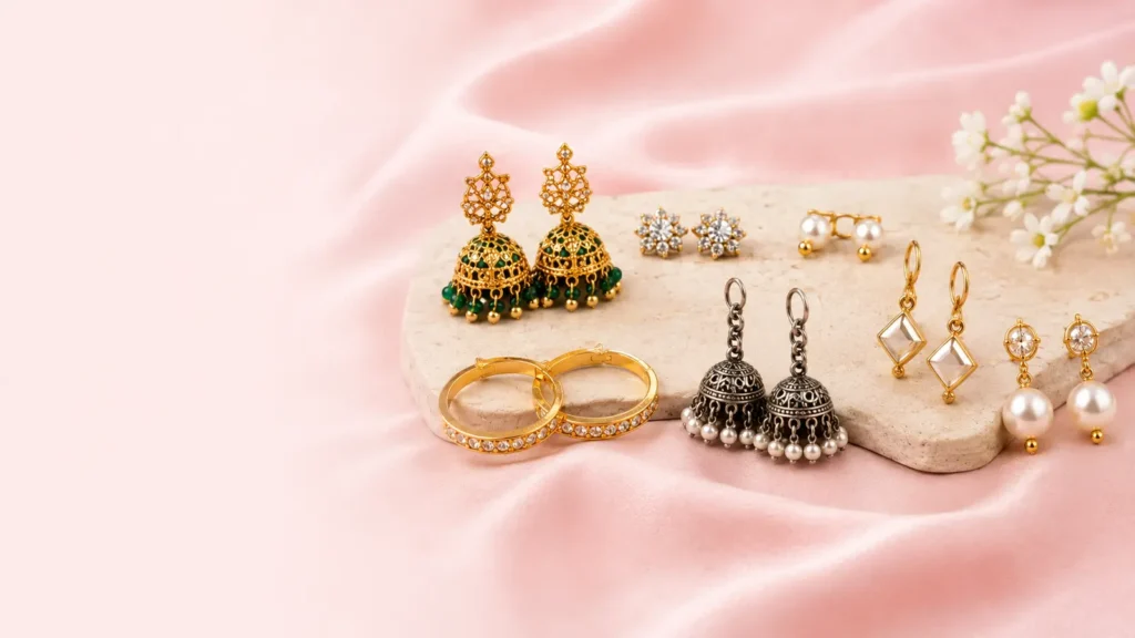 Jhumka, stud, hoop, oxidised and pearl earrings