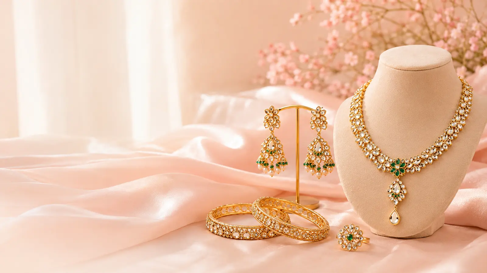 Indian fashion jewellery on blush silk