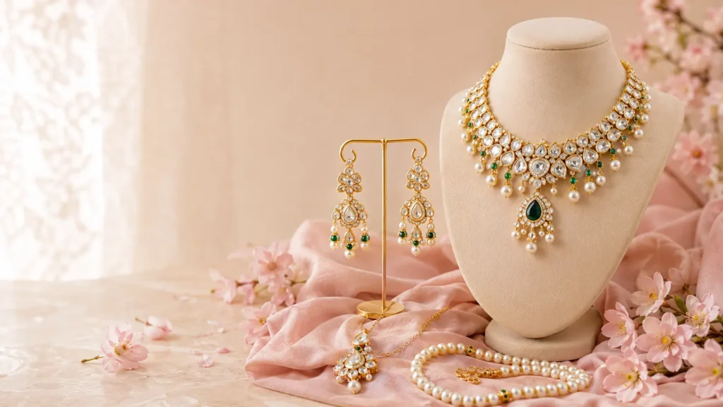 Gold-tone necklace set with earrings on blush fabric